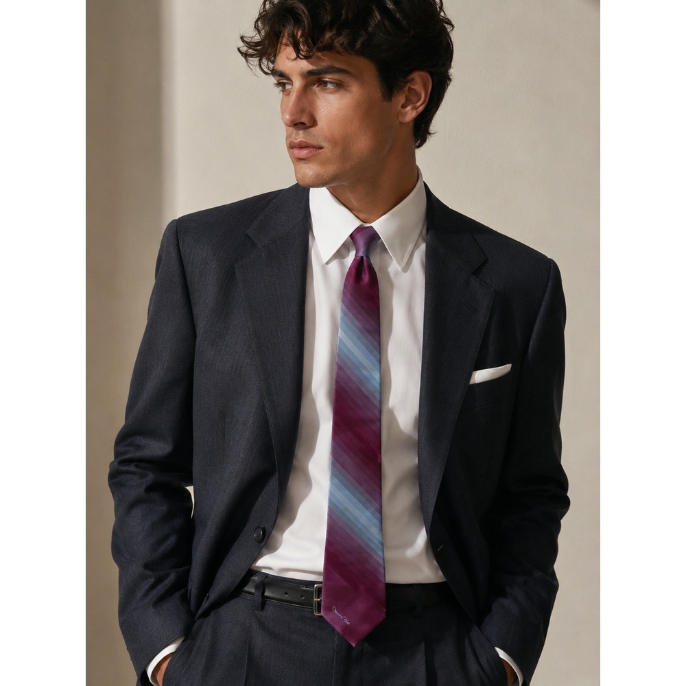 Oscar de la Renta Vintage Silk Tie Burgundy Plum Blue Diagonal Ombre Stripe